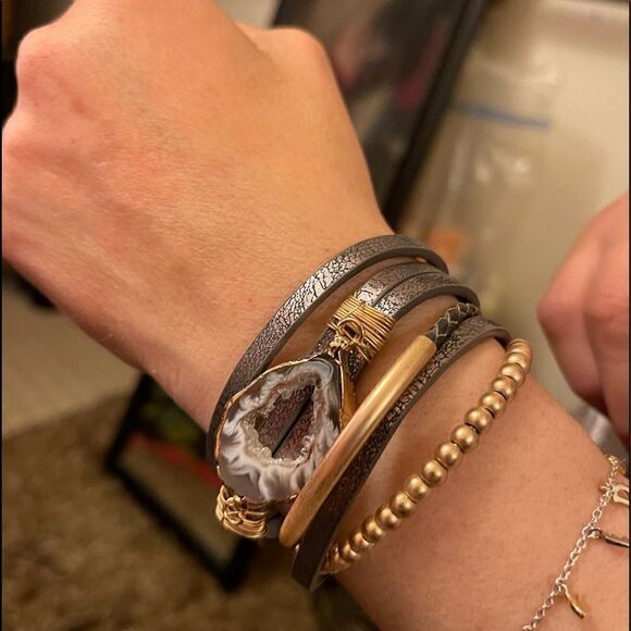 Saachi Optical Stacked Leather Boho Bracelet w/druzy smoky quartz magnetic - Picture 7 of 14